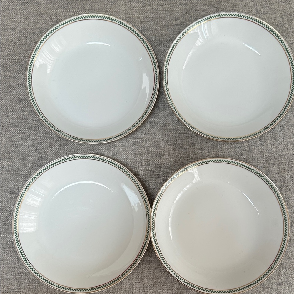 Limoges Charles Martin Depose 2 Soup Bowls-Green Check Band w/ Smooth Gold Trim